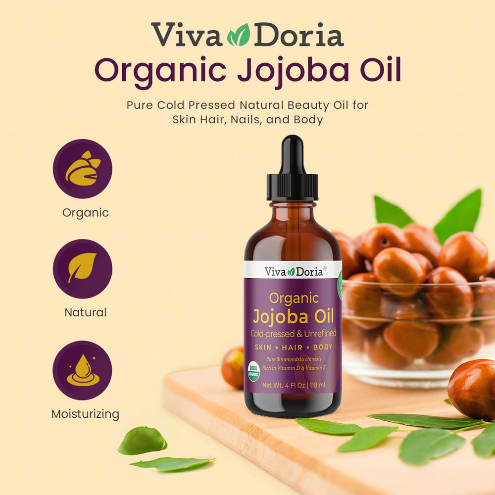 Viva Doria dropper dispensing jojoba oil drops for precise, mess-free use