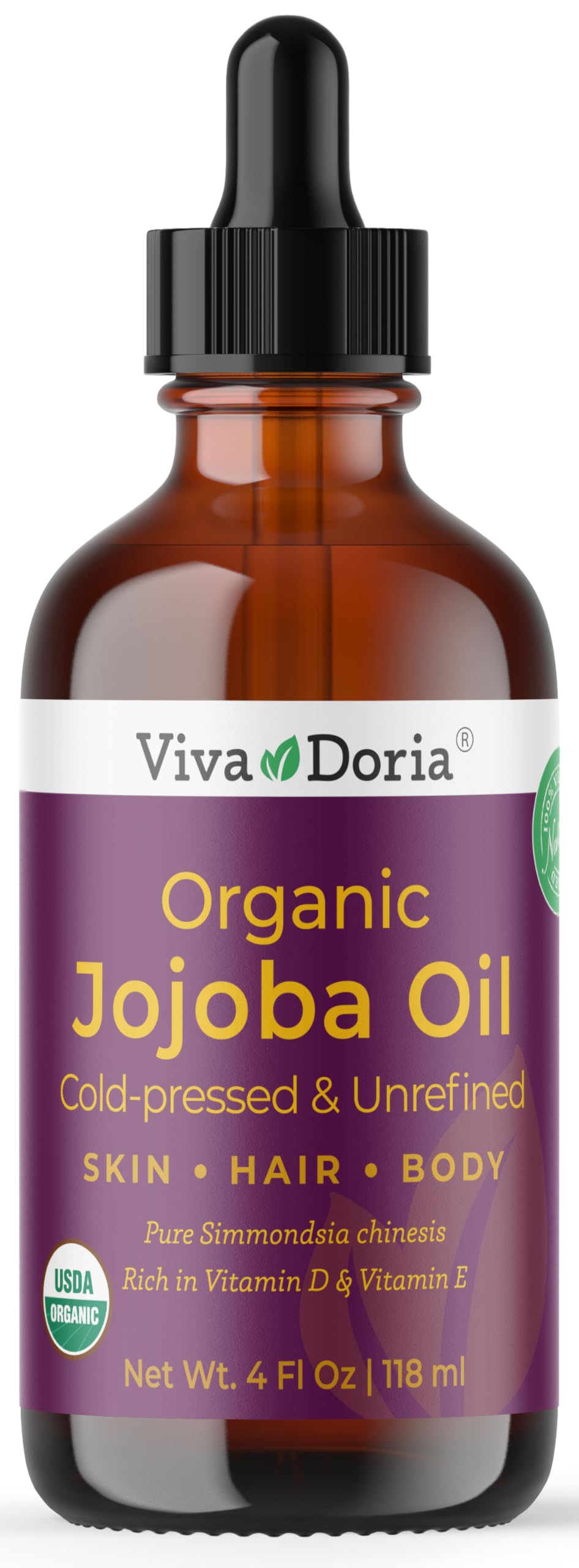Viva Doria amber bottle front view showing organic packaging and natural hydration