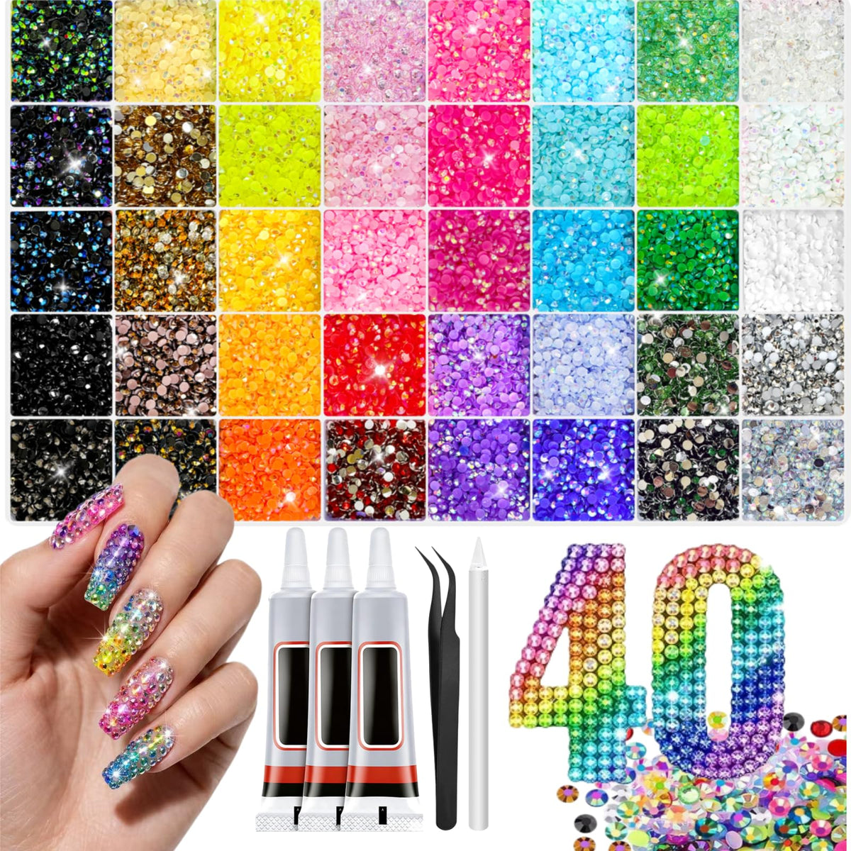 VIVIBOOM front packaging showing complete rhinestone kit and tools for quick project starts