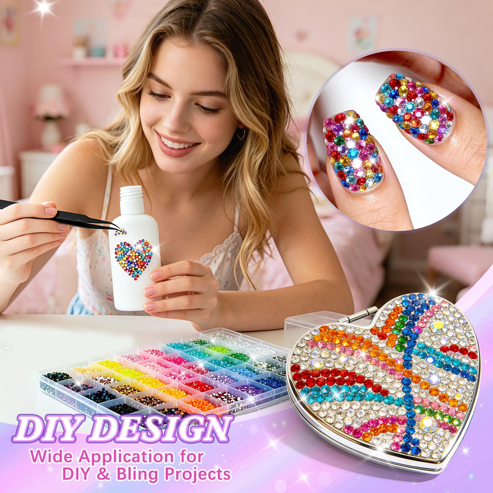 VIVIBOOM rhinestones applied to nails demonstrating neat placement and visible bling