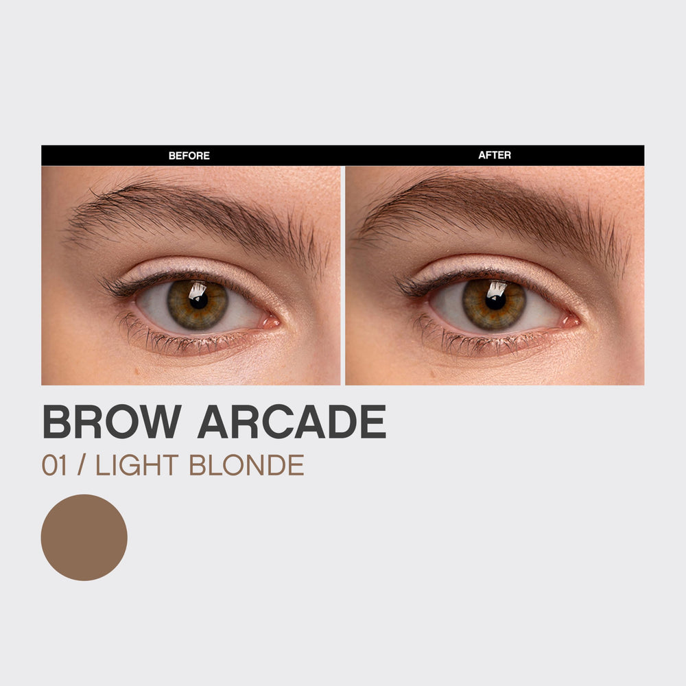 Vivienne Sabó Brow Arcade held in hand showing compact size and portability for on-the-go touch-ups