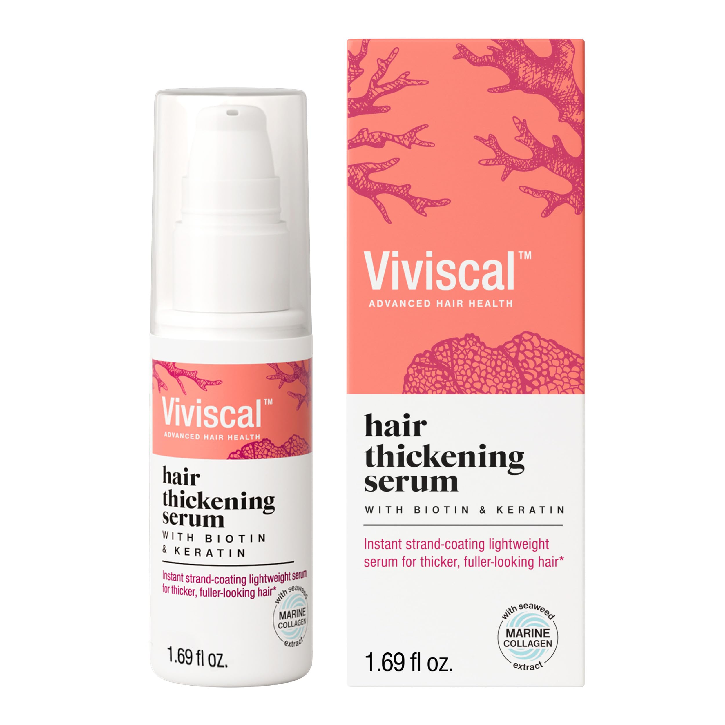 Viviscal front packaging showcasing the hair thickening serum and immediate fullerlook.