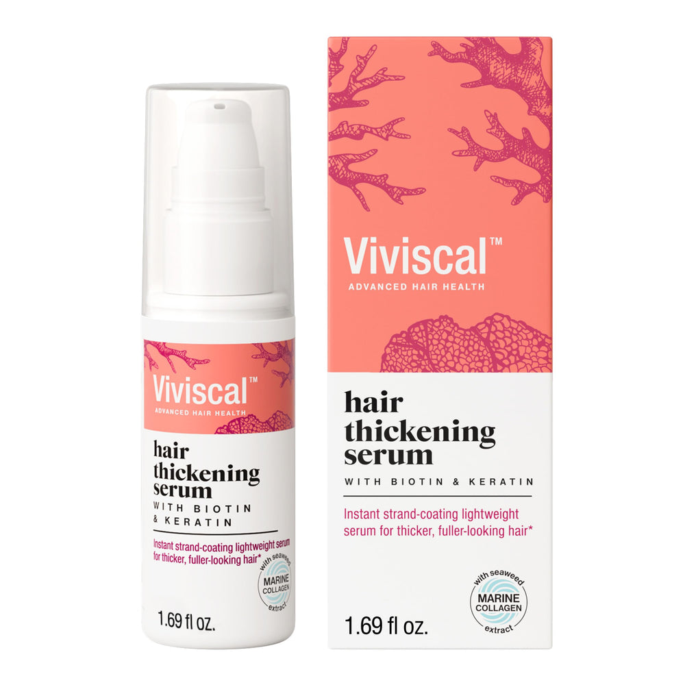 Viviscal front packaging showcasing the hair thickening serum and immediate fullerlook.