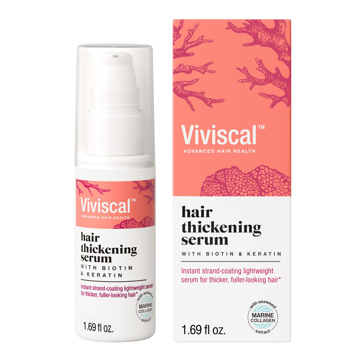Viviscal front packaging showcasing the hair thickening serum and immediate fullerlook.