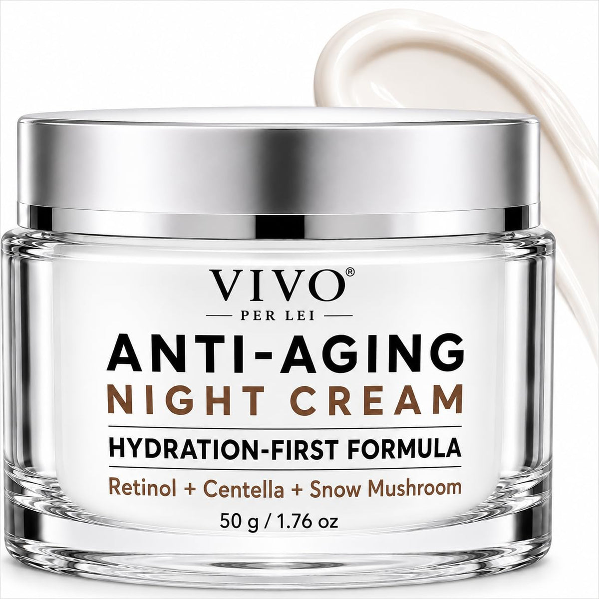 Vivo Per Lei front jar showing sleek packaging and hydration benefits