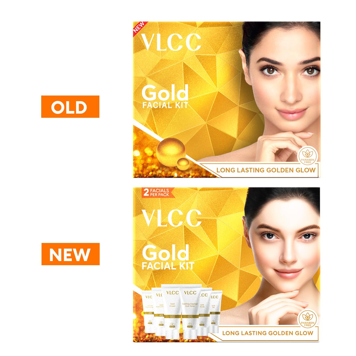 VLCC gold facial packets laid out to display step-by-step single-use portions