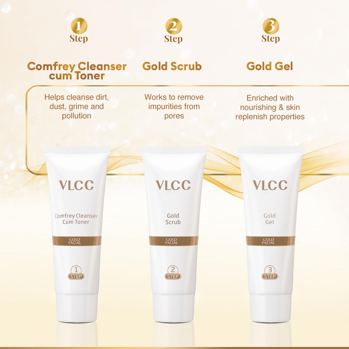 VLCC gold kit staged in bathroom setup for at-home salon-like treatment convenience