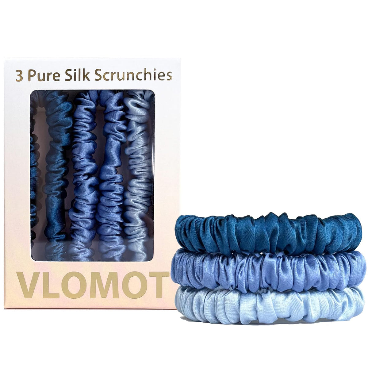 VLOMOT front view of three blue silk scrunchies showing colors and packaging benefit: easy selection