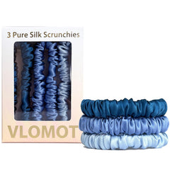 VLOMOT front view of three blue silk scrunchies showing colors and packaging benefit: easy selection