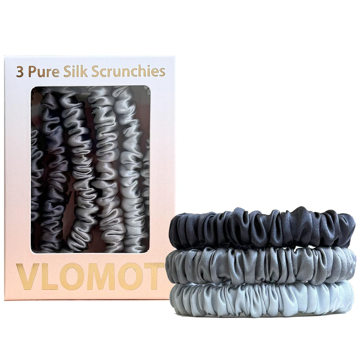 VLOMOT silk scrunchies front packaging shows three colors and neat presentation