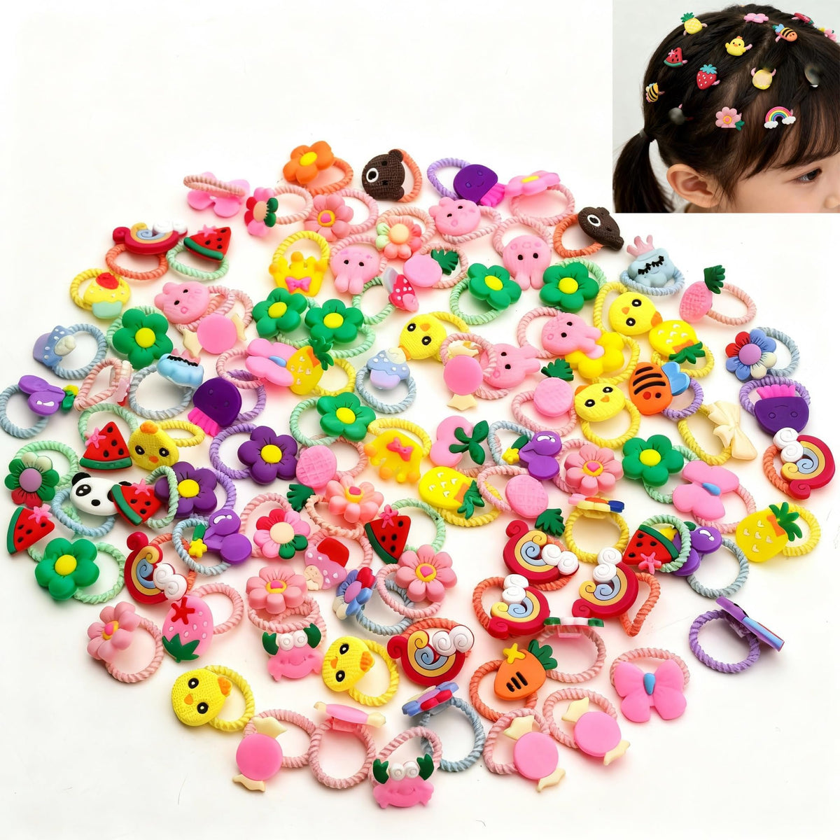 VMRUXAW front packaging showing 100 colorful hair ties and compact box benefits