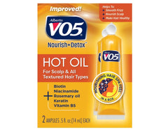 VO5 hot oil two-pack front packaging showing bottles and benefits