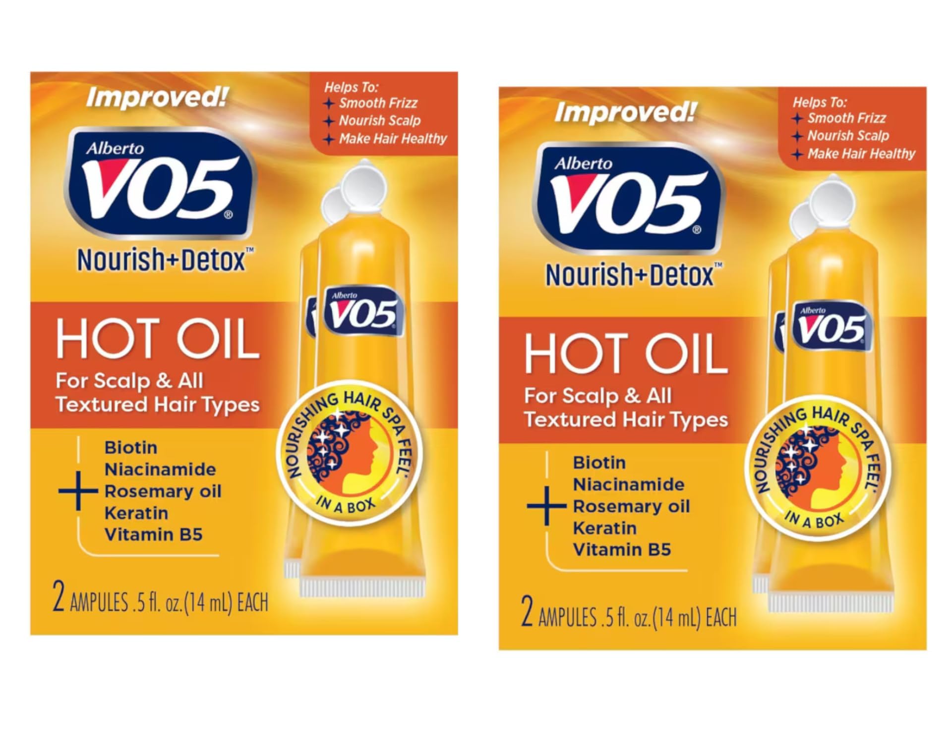 VO5 hot oil treatment front packaging showing two vials and benefits