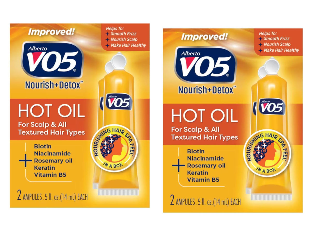 VO5 hot oil treatment front packaging showing two vials and benefits