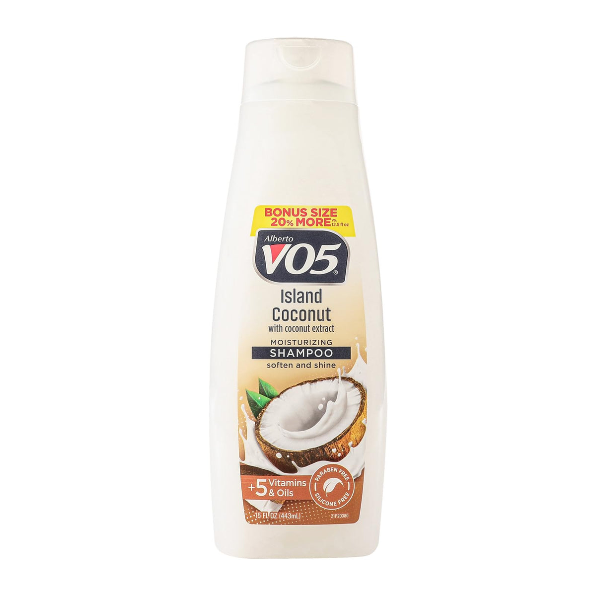 VO5 front packaging showing 15 oz bottle and label with tropical design, highlights hydration