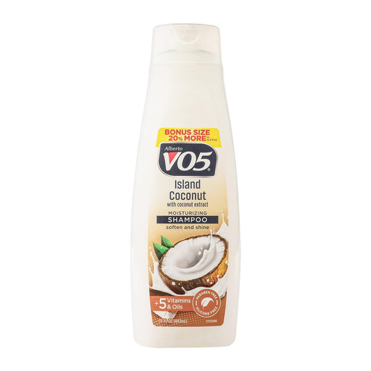 VO5 front packaging showing 15 oz bottle and label with tropical design, highlights hydration