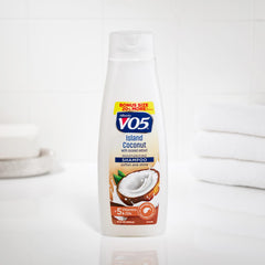 VO5 coconut shampoo pouring and foamy lather demonstrating cleansing and moisture