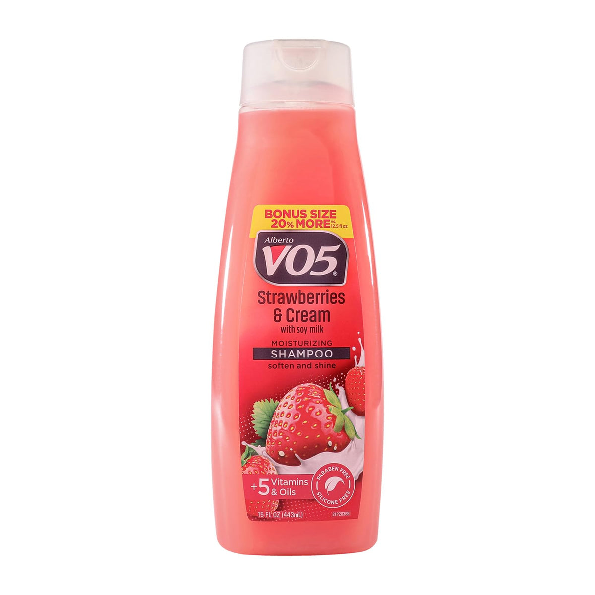 VO5 bottle front view showing label and strawberries scent for visible product identity and appeal