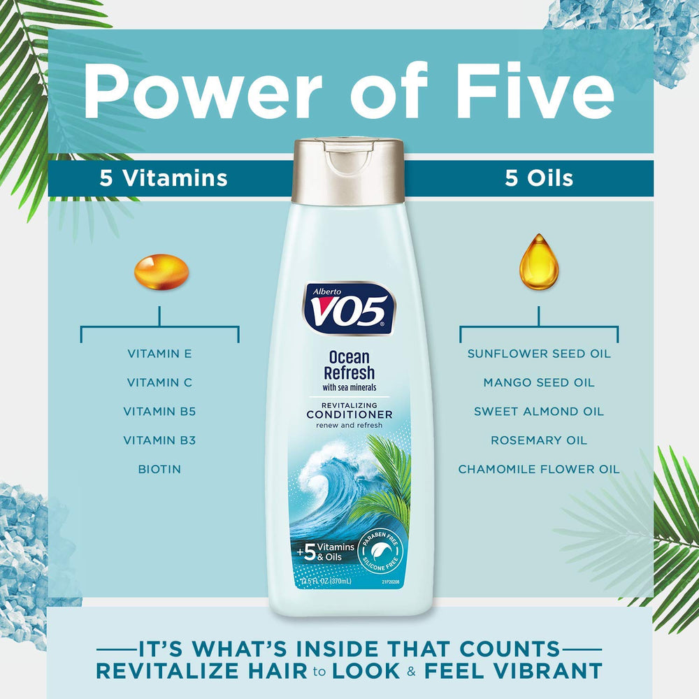 VO5 Ocean Refresh bottle on bathroom shelf conveying fresh shower routine benefit