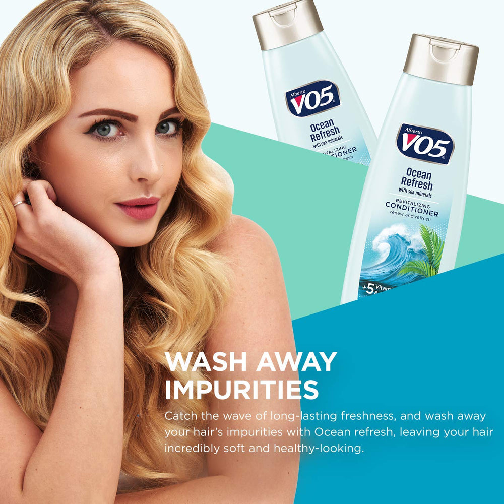 VO5 Ocean Refresh conditioner pouring from bottle to show easy application benefit