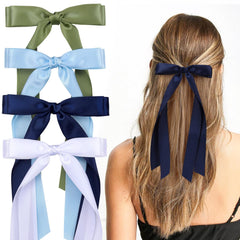 VOBOBE front view of four satin long-tail bows showing colors and packaging, elegant accessory