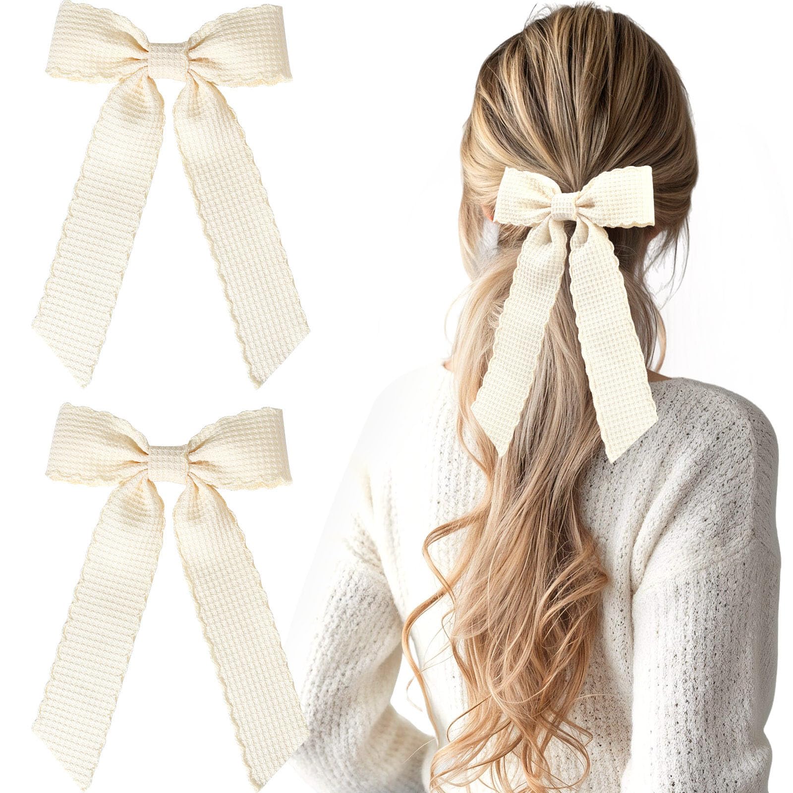 VOBOBE front view of two beige bows showing elegant style and versatile wear