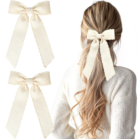 VOBOBE front view of two beige bows showing elegant style and versatile wear