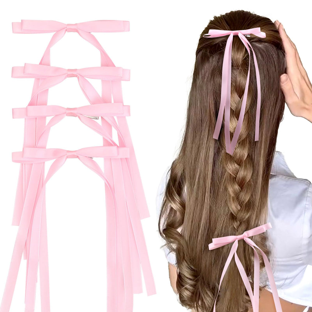 VOBOBE front view of four pink satin bows showing package and coordinated set benefits