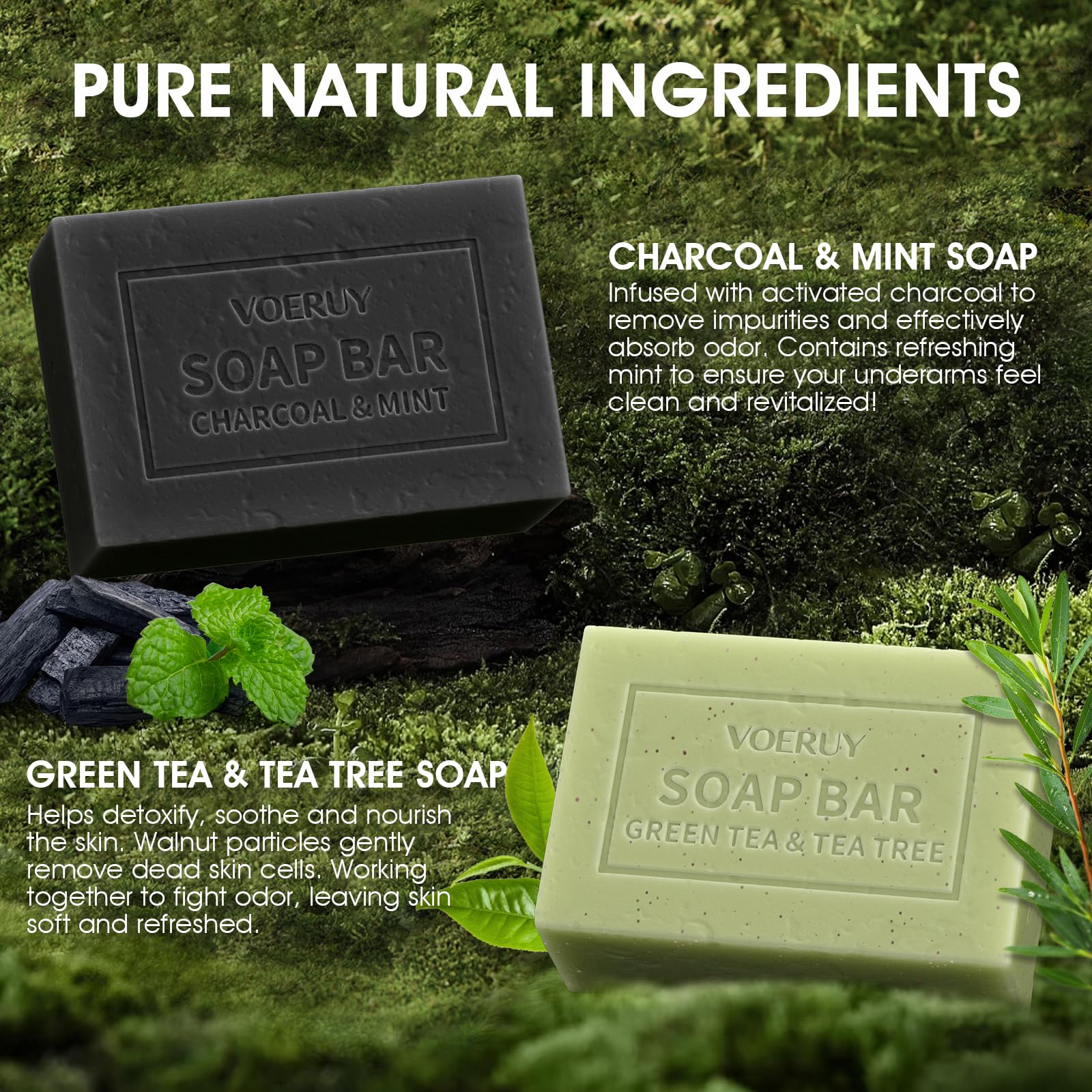 VOERUY charcoal and mint soap texture highlighting deep-clean benefit