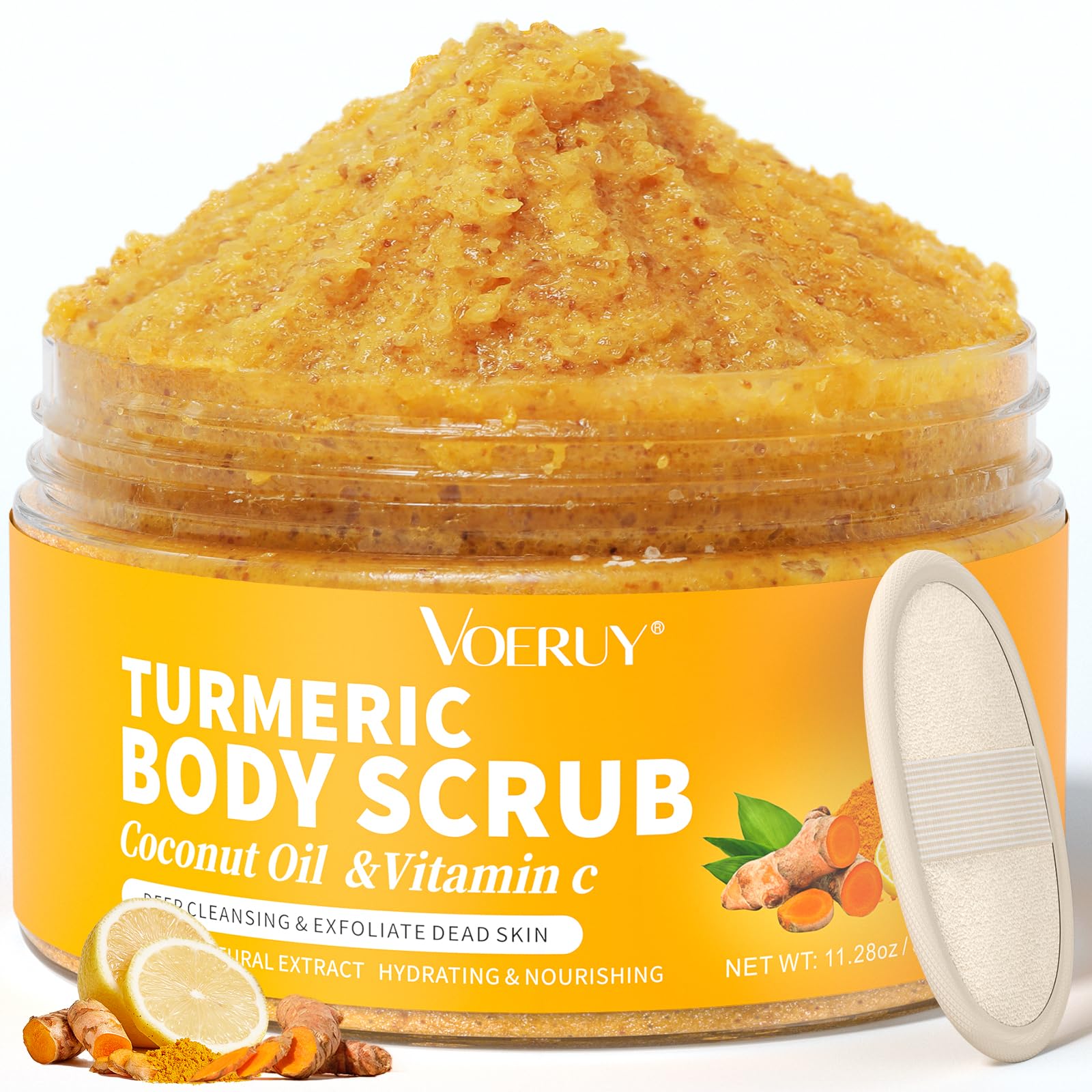 VOERUY front jar of turmeric body scrub showing packaging and benefit of exfoliation