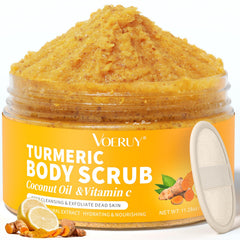 VOERUY front jar of turmeric body scrub showing packaging and benefit of exfoliation