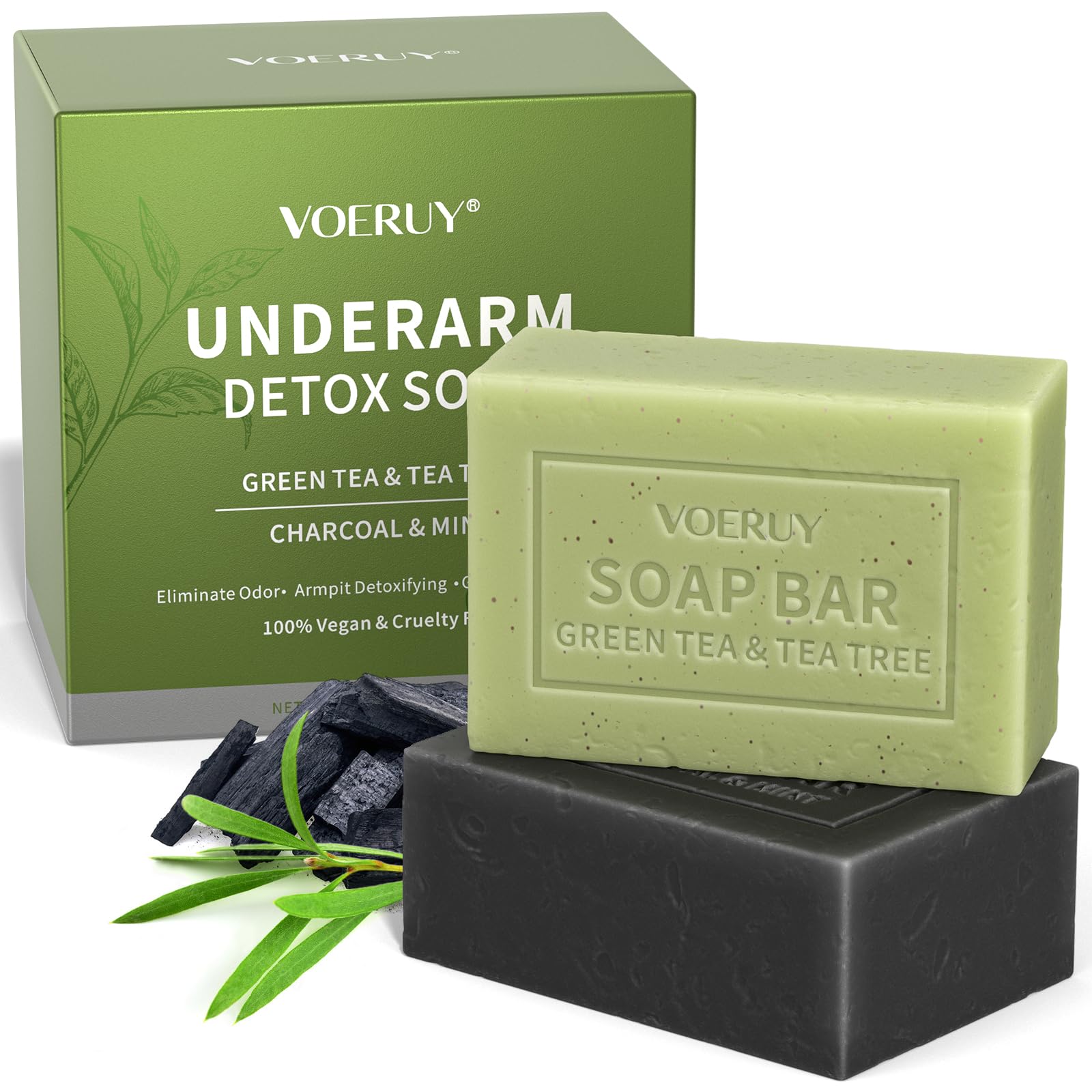 VOERUY front view of two-bar detox pack showing benefits and scent