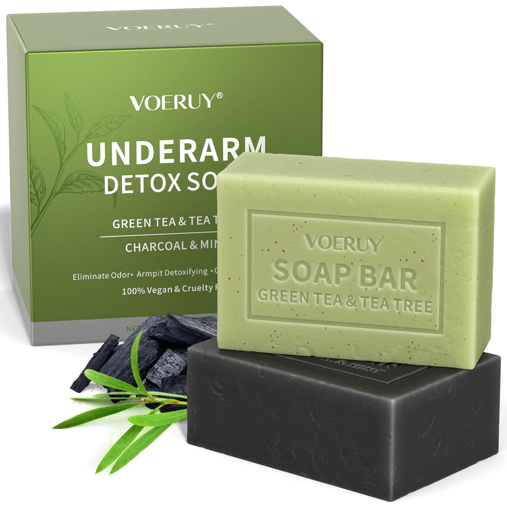 VOERUY front view of two-bar detox pack showing benefits and scent