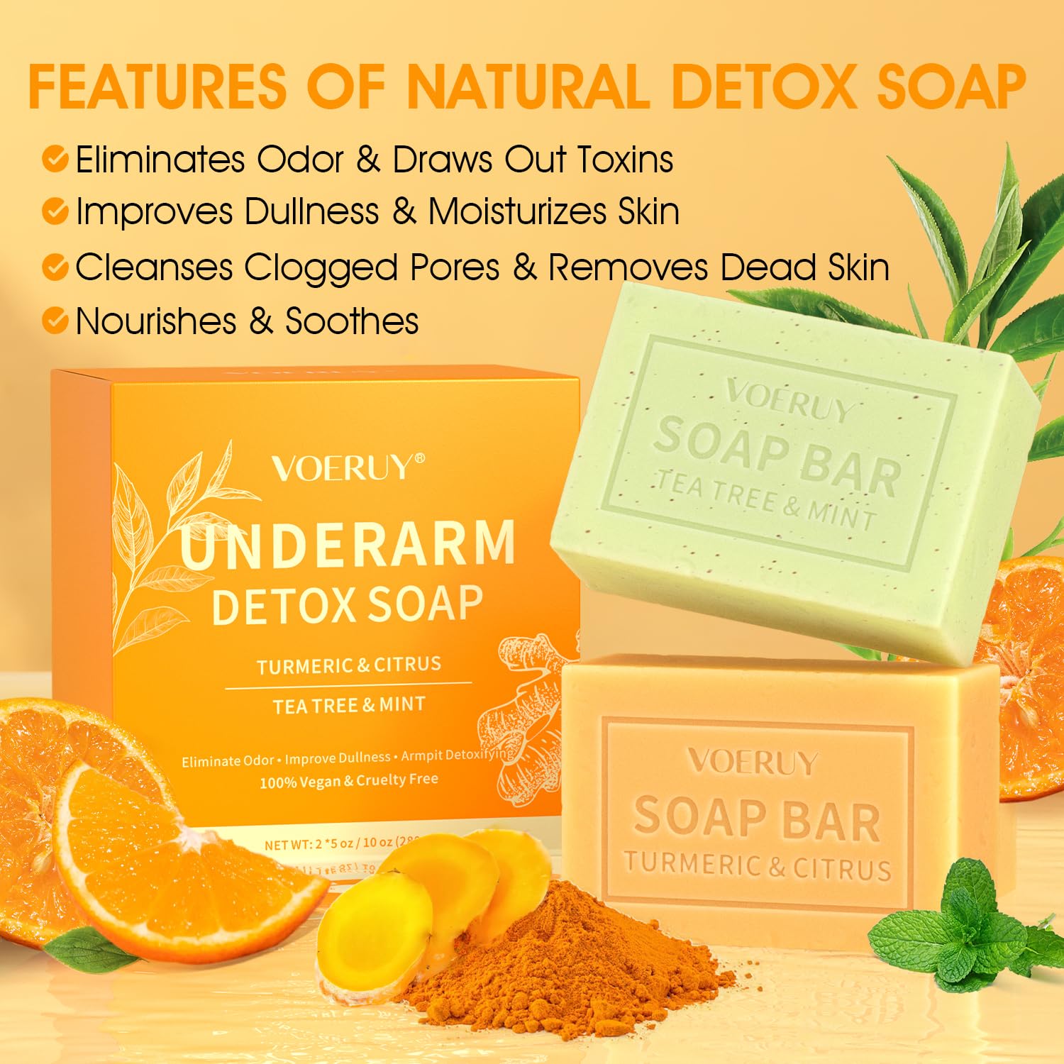 VOERUY turmeric and citrus bar close-up showing brightening texture and clarity