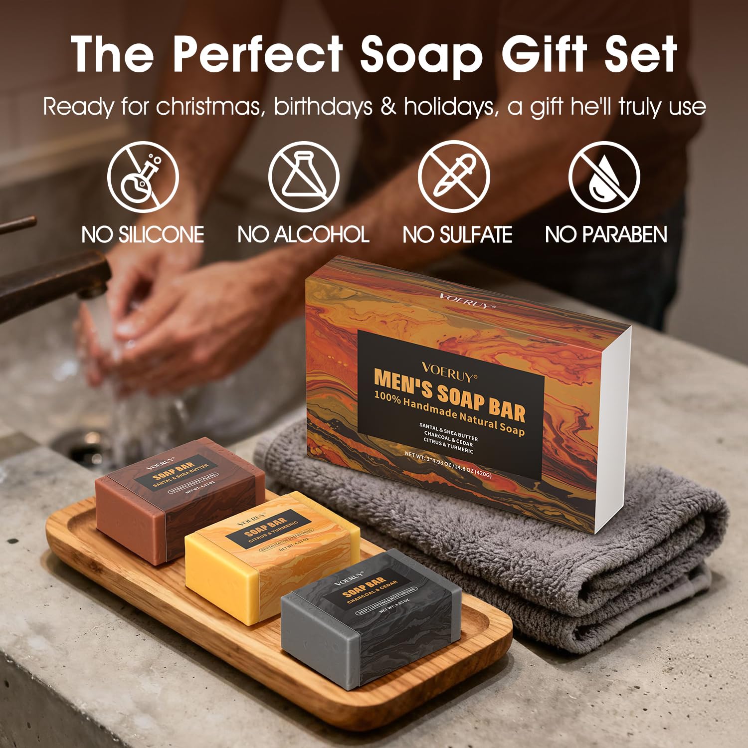 VOERUY turmeric and citrus bar producing foam in hand, demonstrating gentle lather benefit