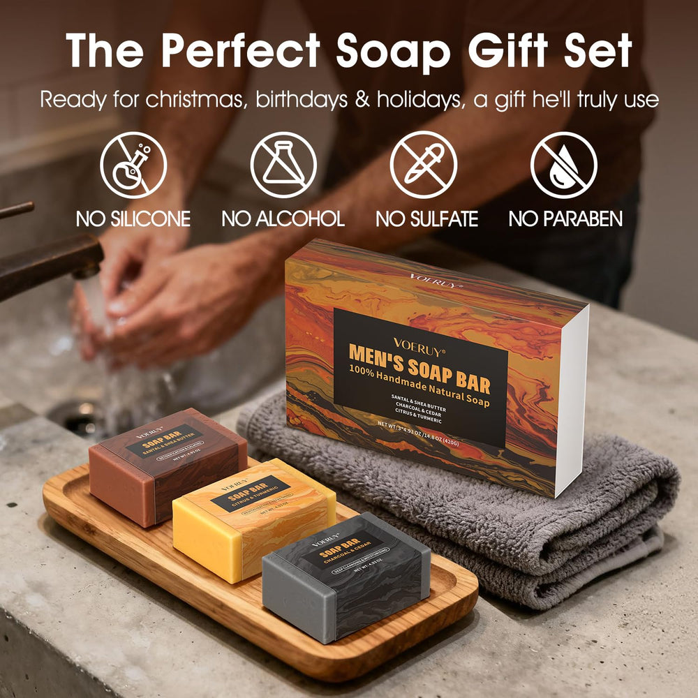 VOERUY turmeric and citrus bar producing foam in hand, demonstrating gentle lather benefit