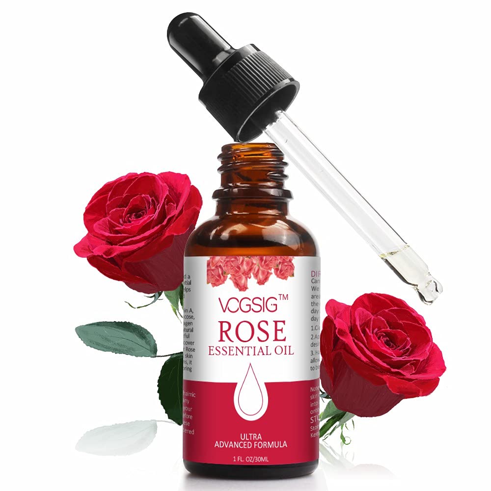 VOGSIG rose essential oil bottle front view showing compact 30ml size and label benefits