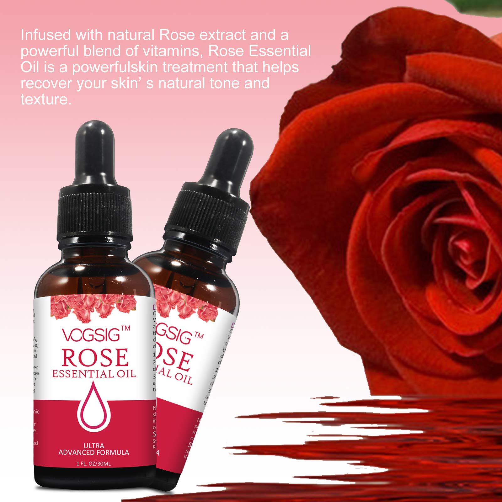 VOGSIG ingredients laid out including rose, jojoba, aloe conveying natural formulation