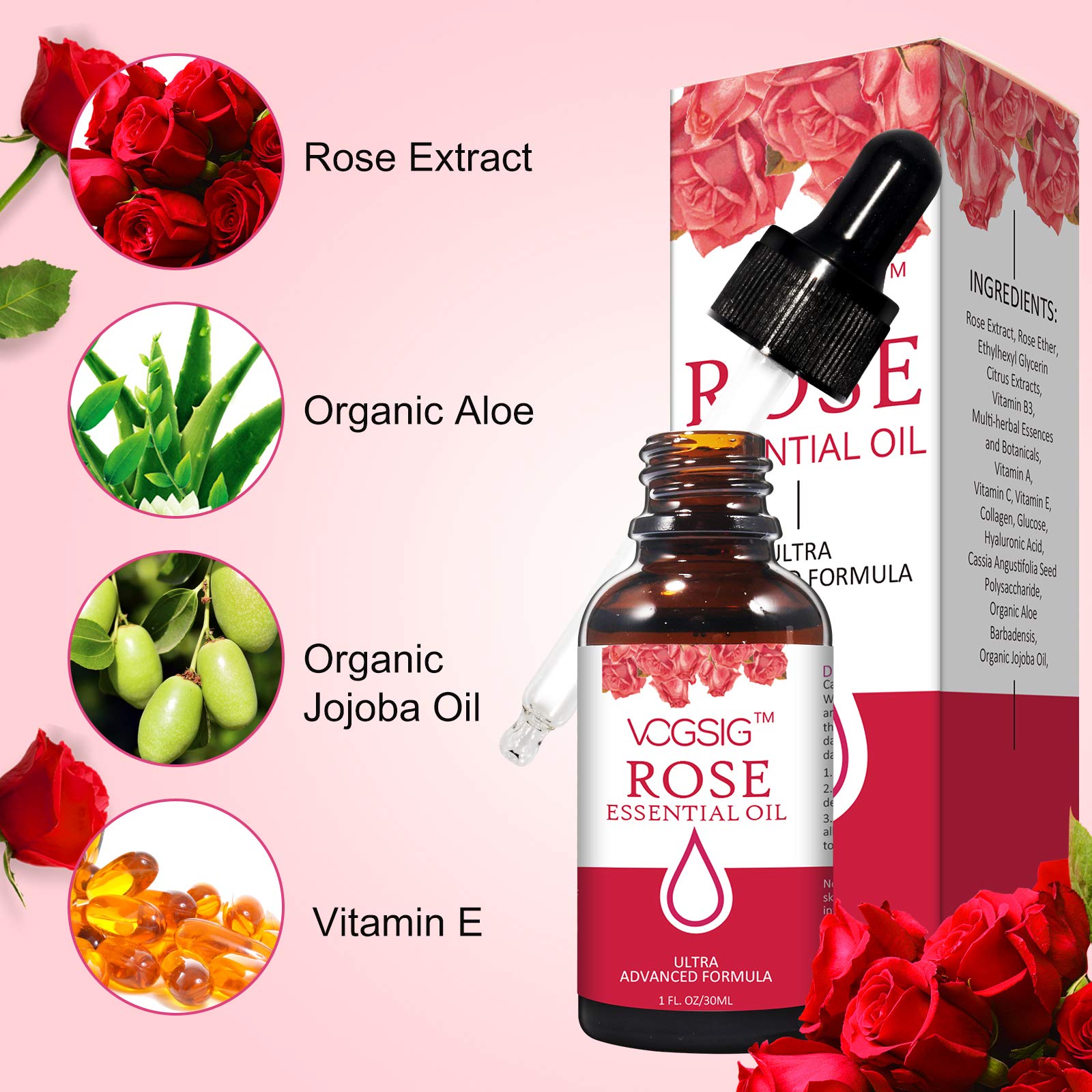 VOGSIG label closeup displaying rose extract and ingredient highlights for confidence