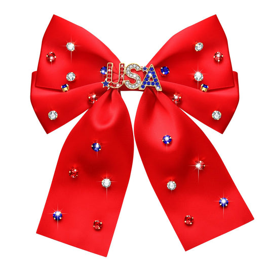 vokone front view of jeweled red white blue hair bow showing bold design and festive appeal