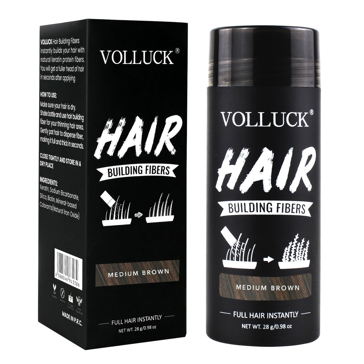 VOLLUCK front packaging showing medium brown 28 g jar and label benefit