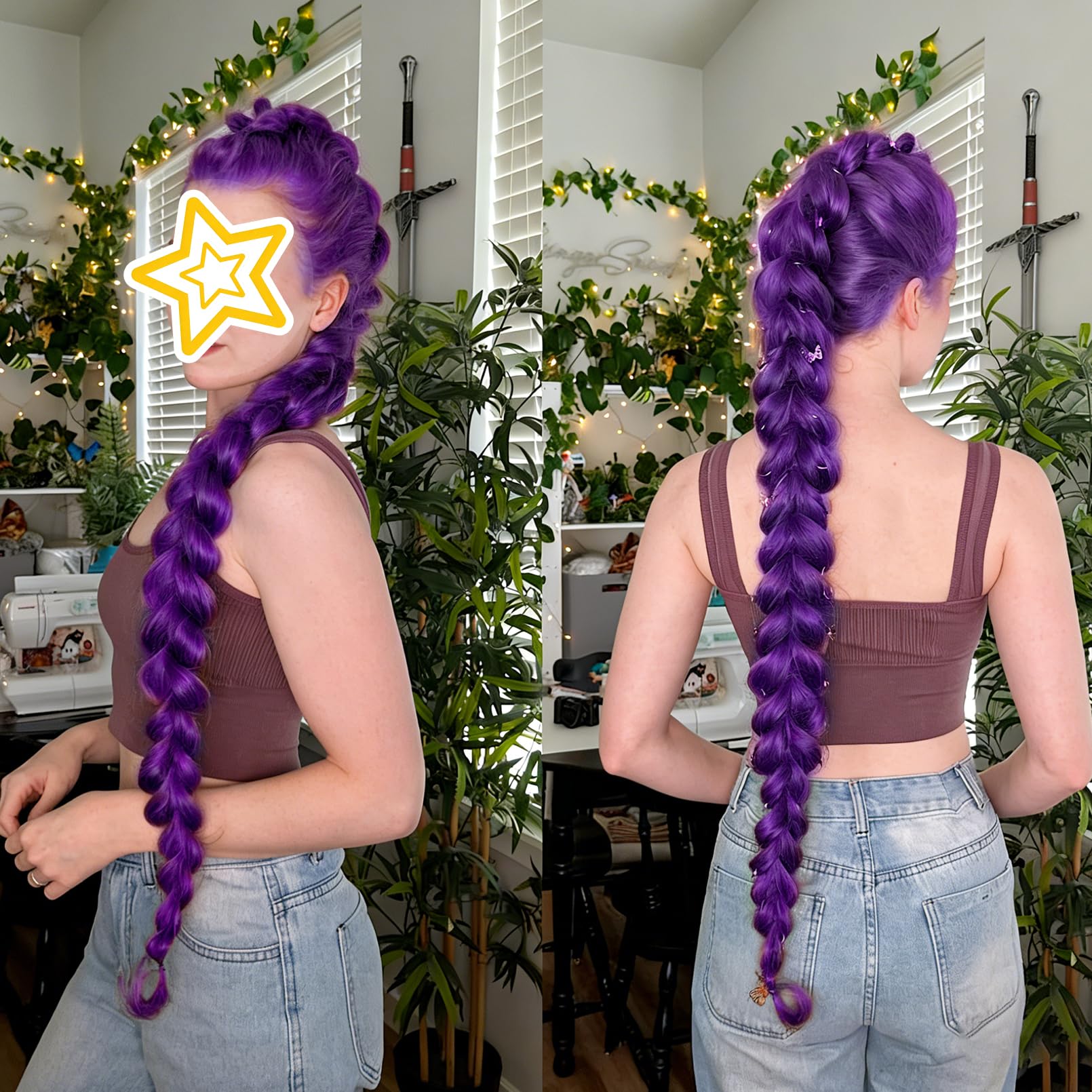 VOLLUCK before and after hair showcasing visible purple styling benefit