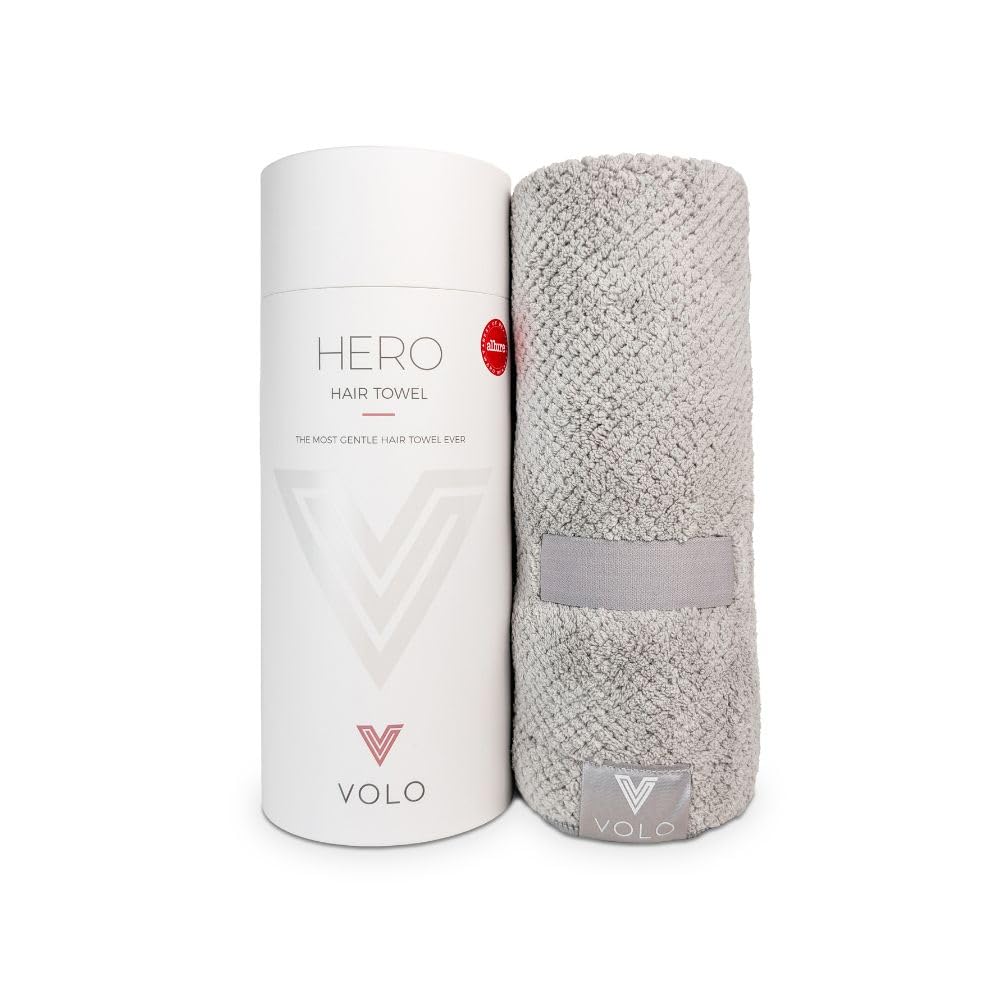 VOLO front view of Hero Hair Towel Luna Gray showing large wrap and easy use benefit