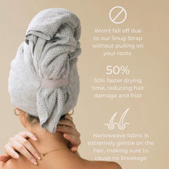 VOLO model using towel to plop curls illustrating curl definition and frizz control benefit