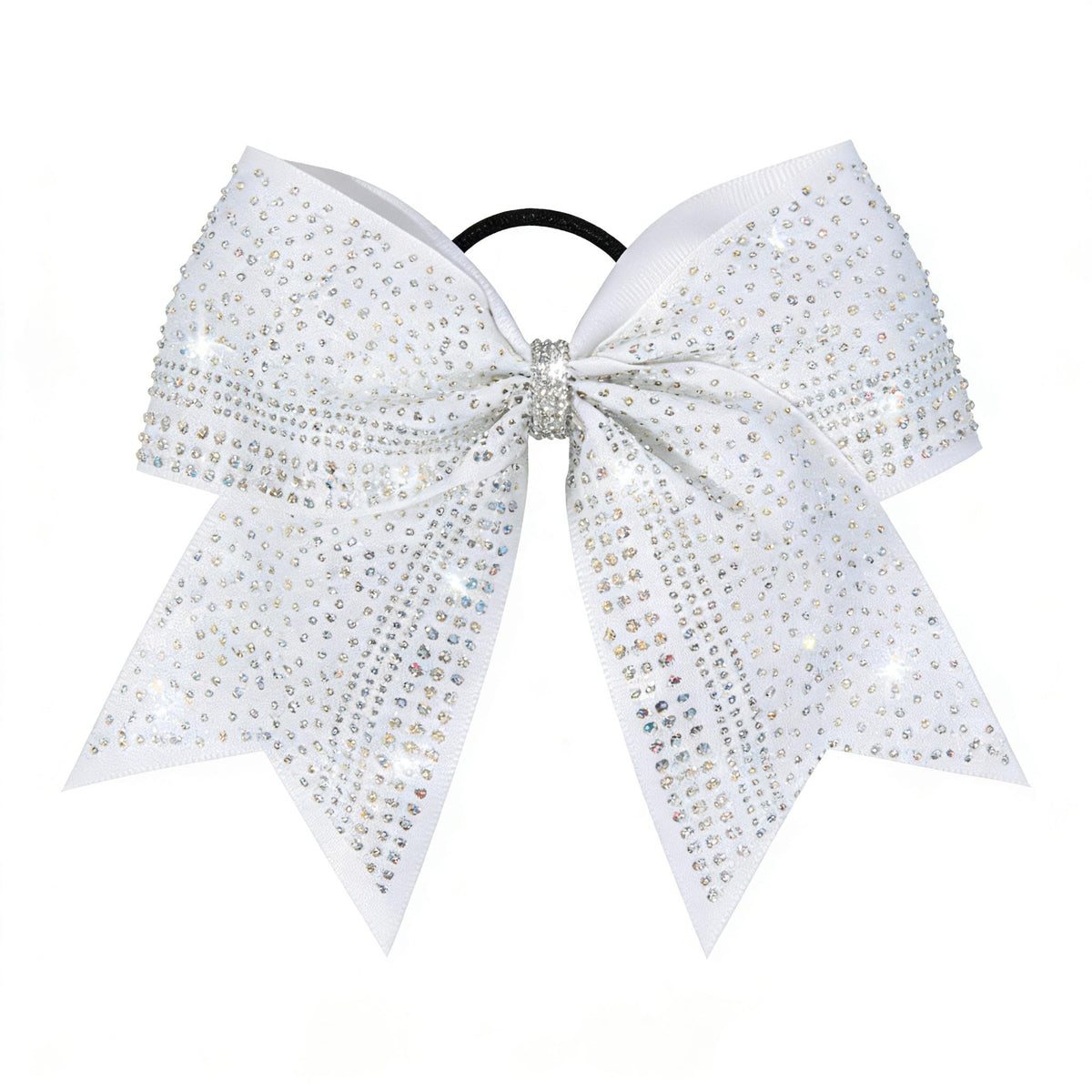 Volwiqu front view white glitter cheer bow showing sparkle benefit