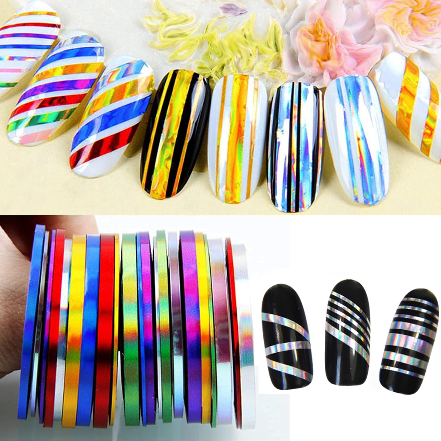 Vonrui tape rolls fanned out showing bright chrome and holographic colors