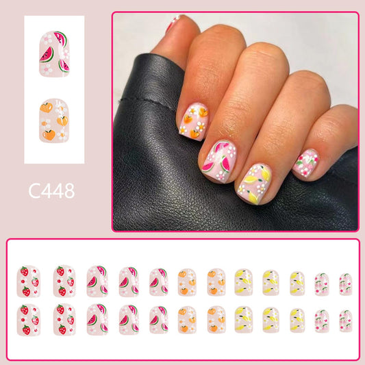 Vopintpy close-up of watermelon strawberry lemon nail art, detailed glossy finish