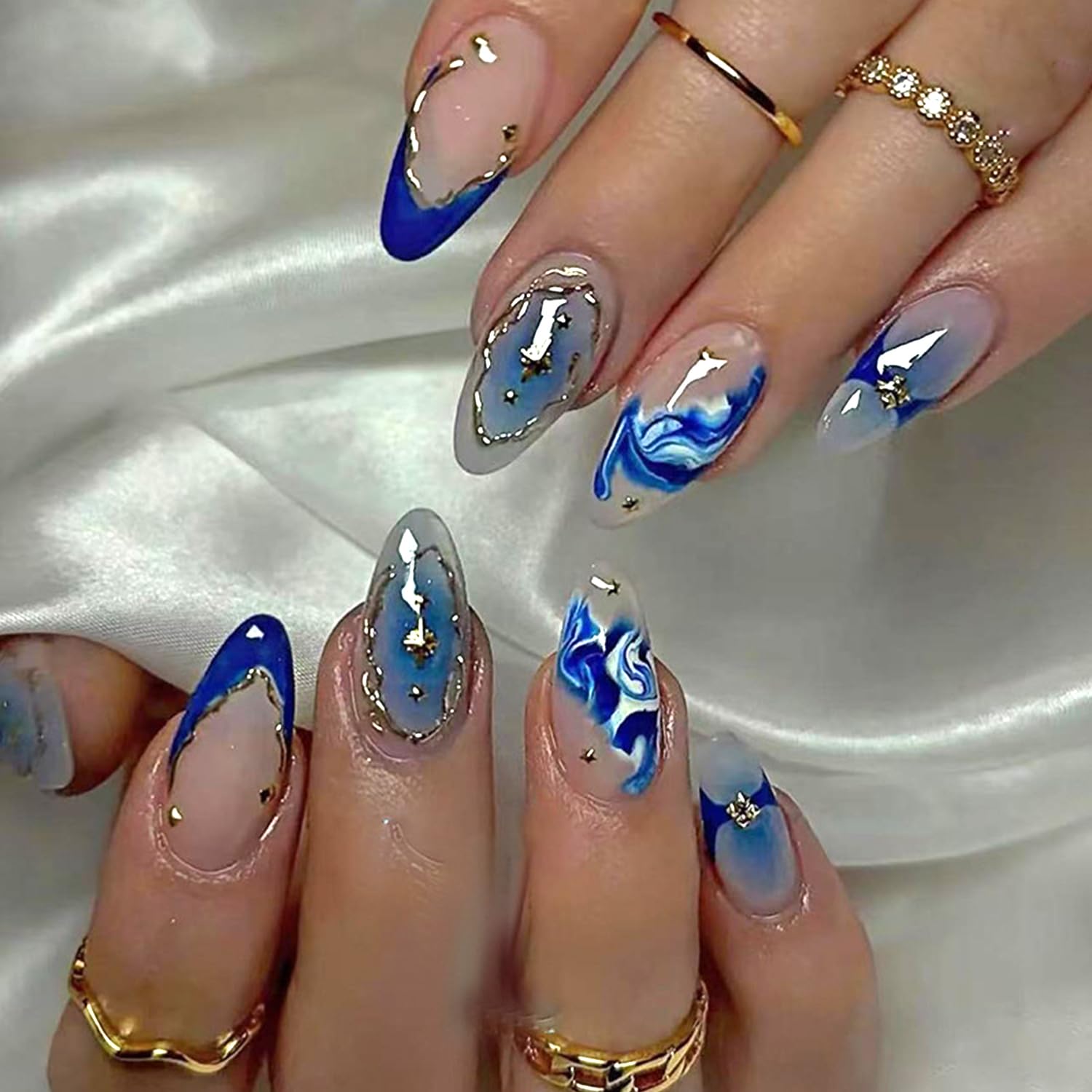 Vopintpy front packaging showing 24-piece blue marble almond nails and tools for easy styling