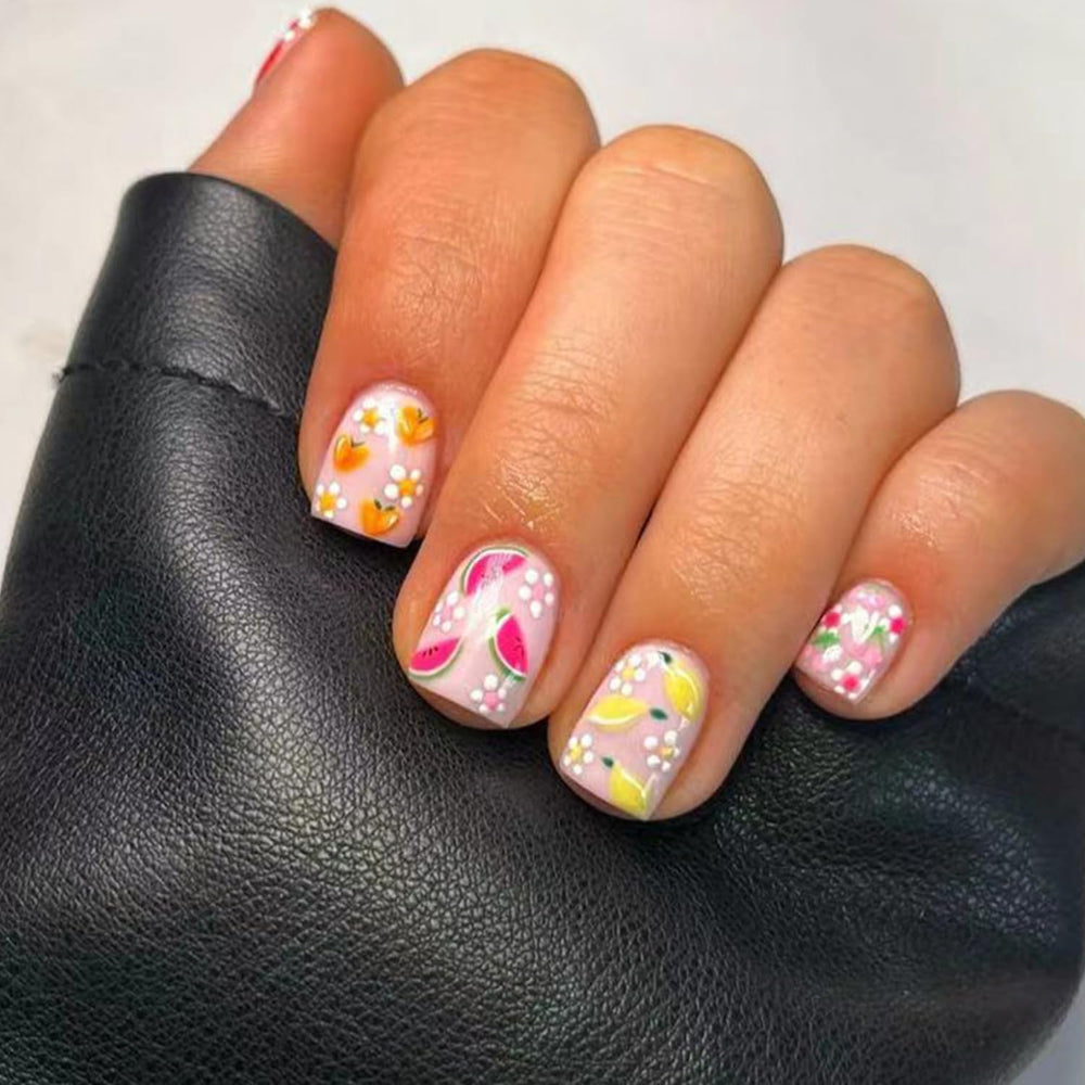 Vopintpy front packaging showing full 24-piece fruit nail set, instant vibrant style