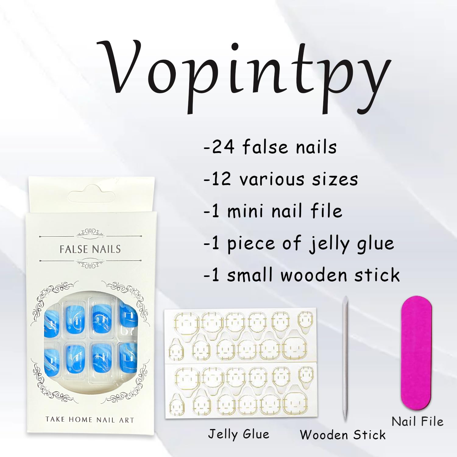 vopintpy size chart and 24 nails arranged showing perfect-fit selection benefit